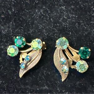 Made in Australia Gold tone Leaf w/ green stones clip on Earrings